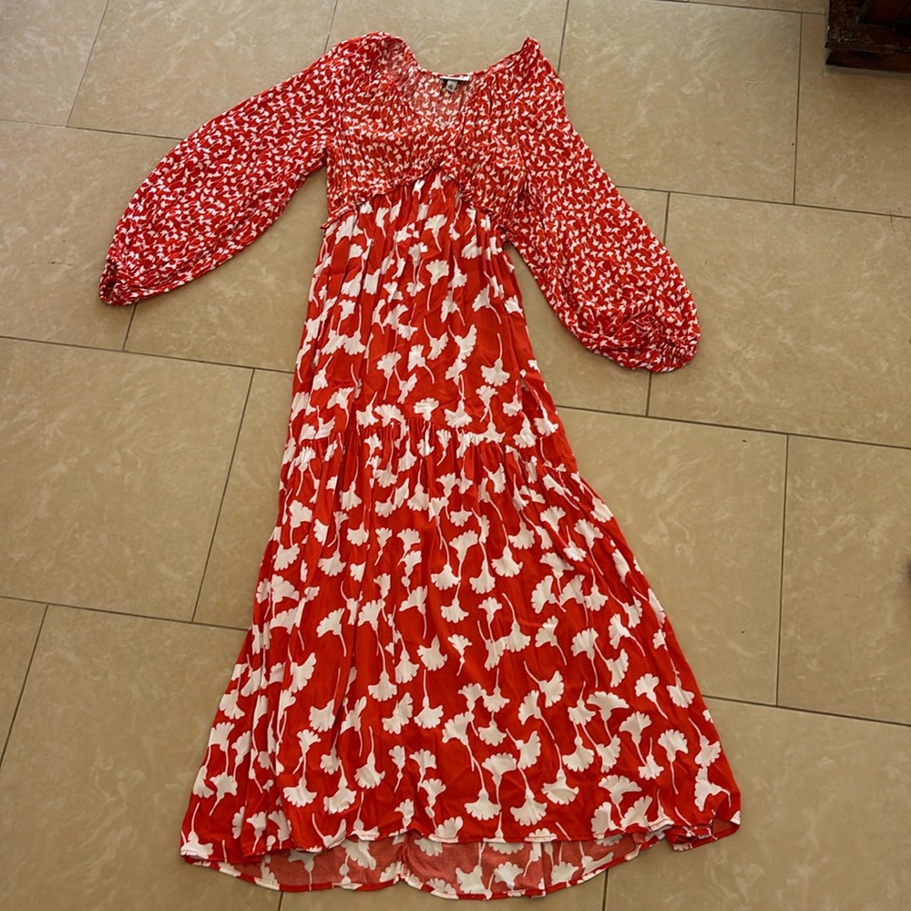 NWOT long red dress with deep V-neck front // size XS